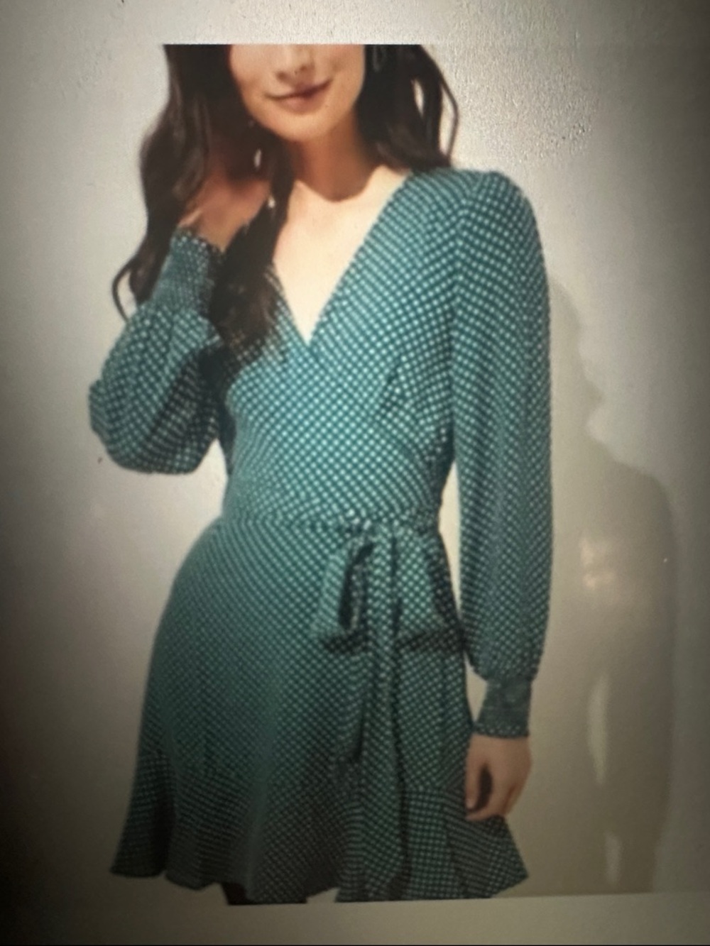 Loft Teal Green Polka Dot Wrap Dress with Tie Waist, size 14